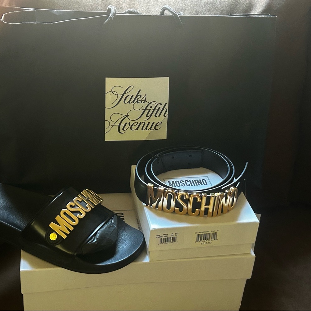Moschino Black and Gold Logo Belt